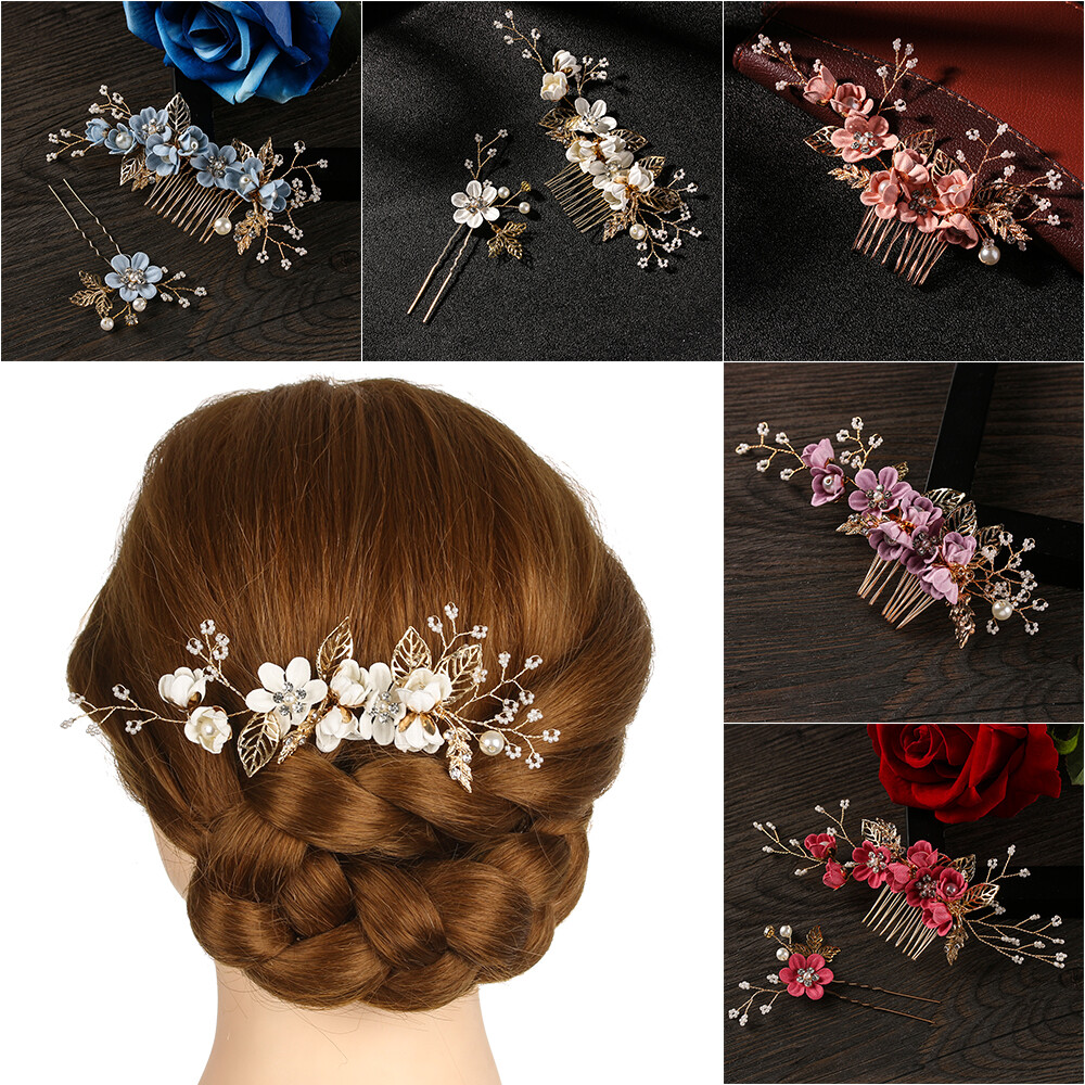Fashion Luxury Blue Flower Hair Combs Headdress Prom Bridal Wedding Hair Accessories Gold Leaves Hair Jewelry Hair Pins