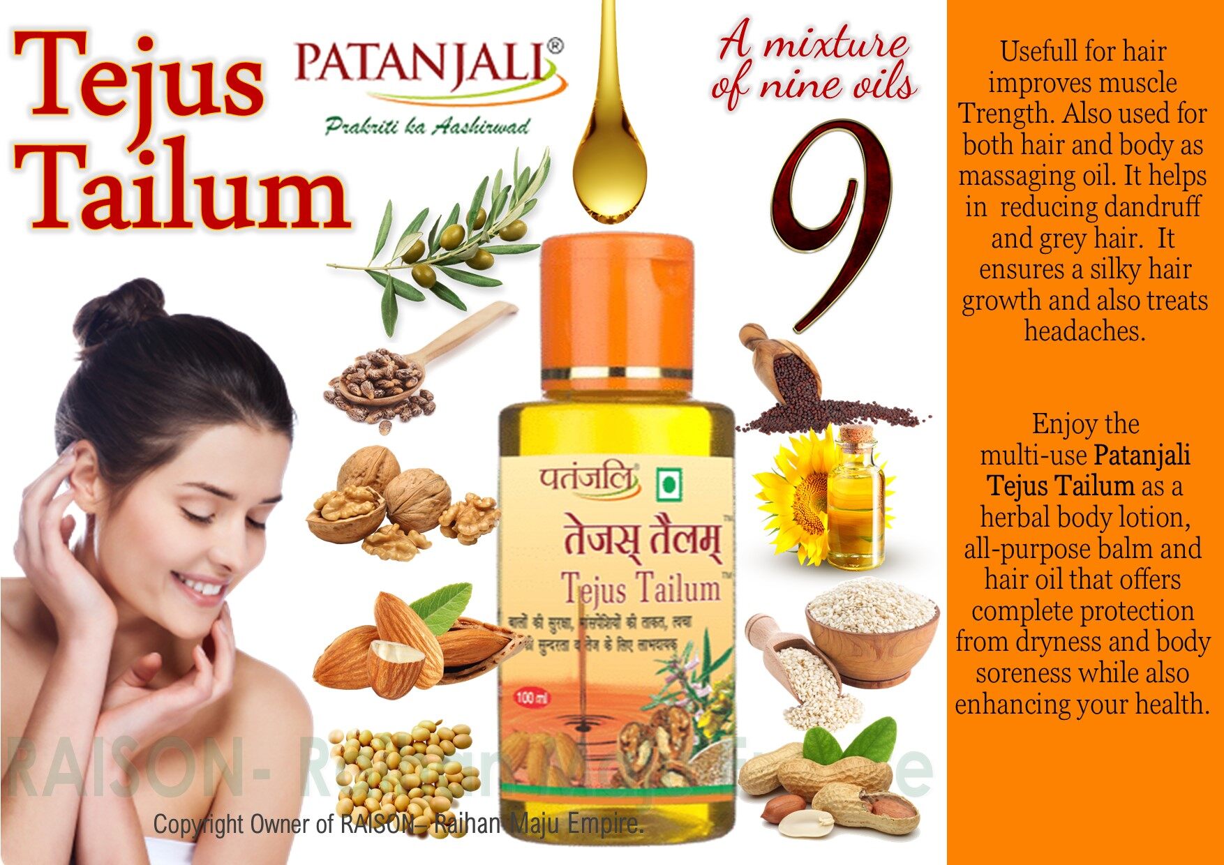 Patanjali Tejus Tailum 100ml- Ayurvedic Oil used for both hair and body as  massaging oil. It helps in reducing dandruff and grey hair. It ensures a  silky hair growth and also treats