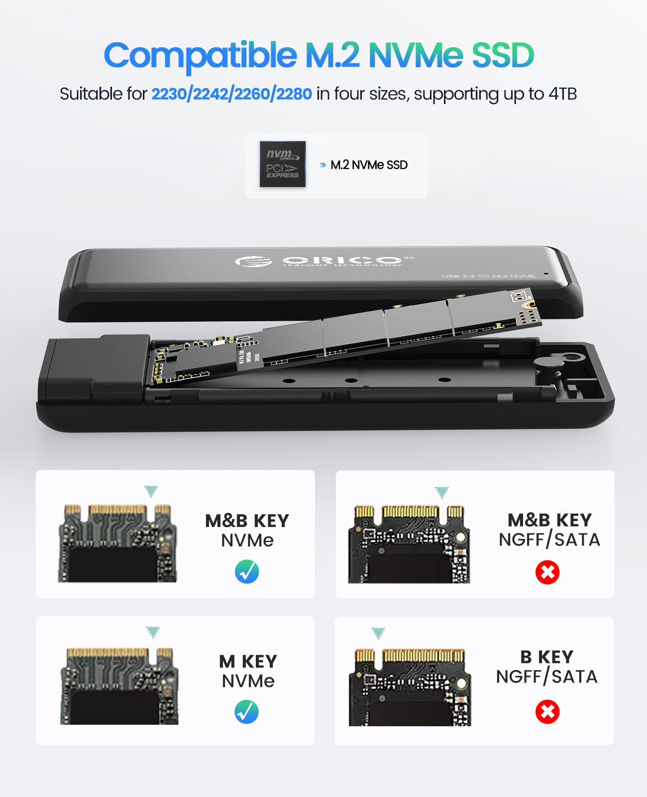 ORICO M.2 NVMe/SATA SSD Enclosure 10Gbps Tool Free M2 SSD Aluminum Enclosure Solid State Drive Case Laptop Computer Accessories (DDM2)