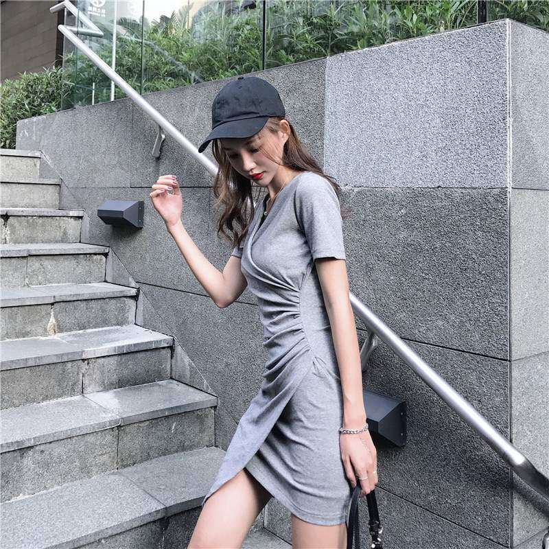 Wrinkle Irregular V-collar Show Thin Temperament Dress Slim, High Waist ...