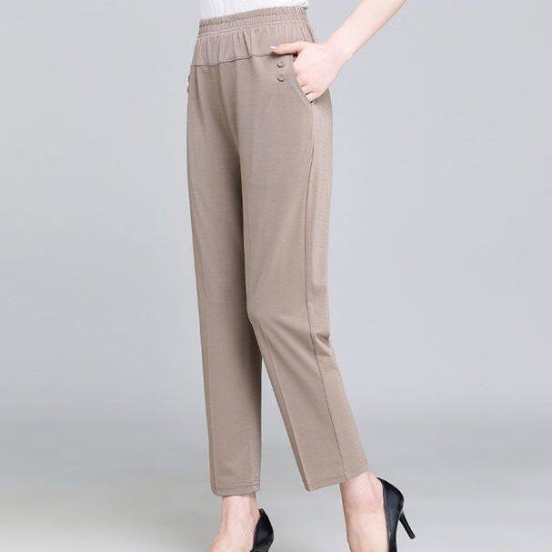 Summer Ice Silk Casual Pants Women's Thin Loose Slim Versatile Cropped Pants Solid Elastic Waist Elastic Cropped Pants