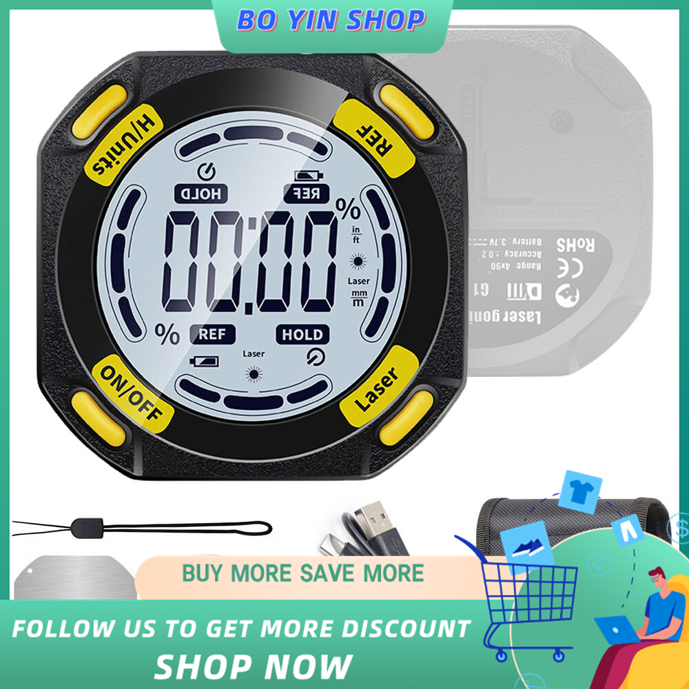 BO YIN 5-Sided Strong Ma-gnetic Inclinator Digital Level and Angle Finder Versatile 4 * 90° Inclinometer LCD Display Dipmeter Gauge 4 Unit Switchable with Two La-ser Lines