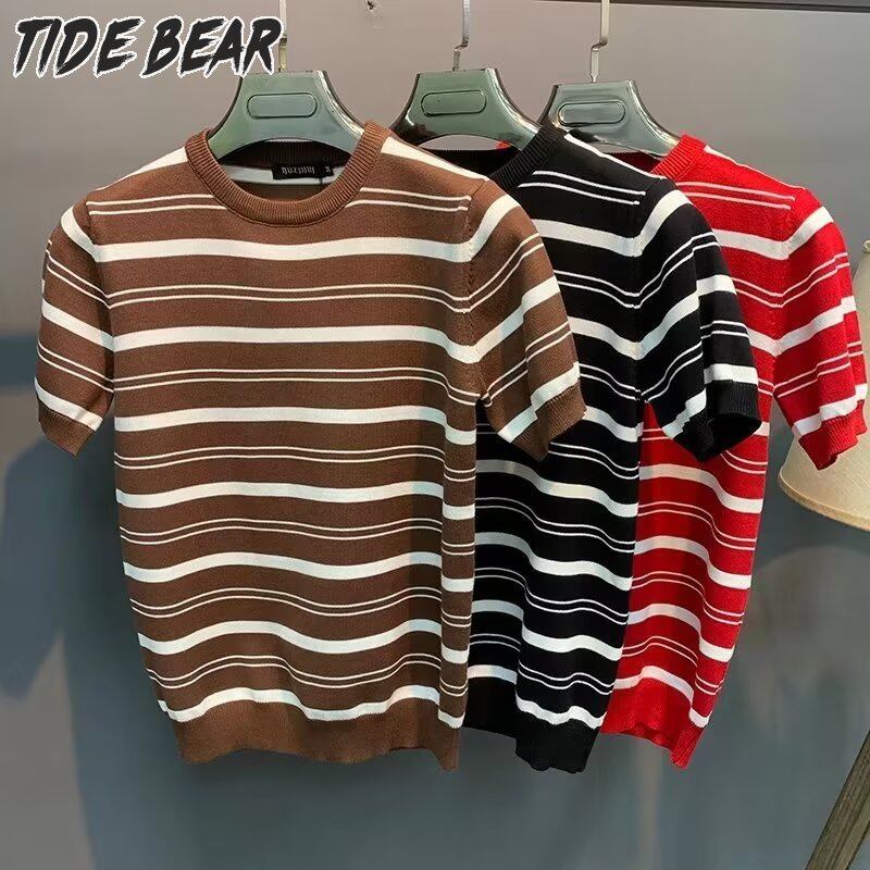 TOP★TIDE BEAR Nam mùa hè ngắn tay dệt kim áo thoáng khí thường Ngắn Tay Kẻ Sọc 104