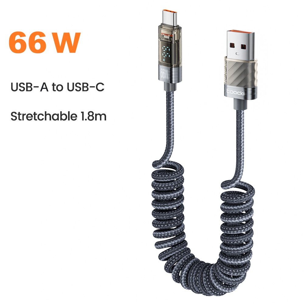 Toocki 100W Transparent Type C To Type C Quick Charging Digital Display Cable 66W USB To Type C Fast Data Cable With Spring Retractable