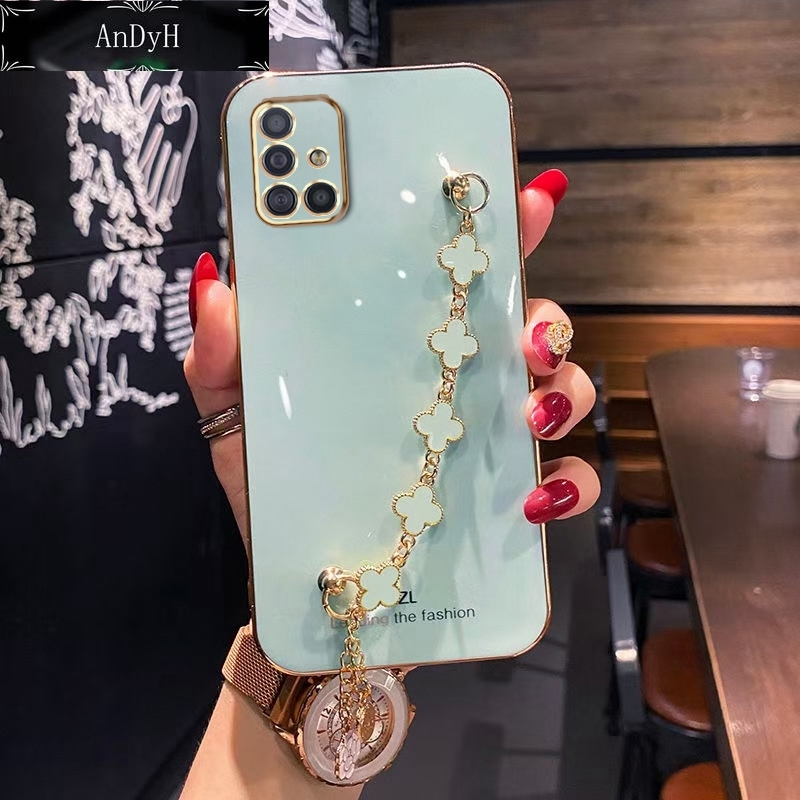 AnDyH Straight Edge Plating Phone case For Samsung Galaxy A51 casing,Precise Camera Protection cases Cute girl style cover with Four leaf clover bracelet