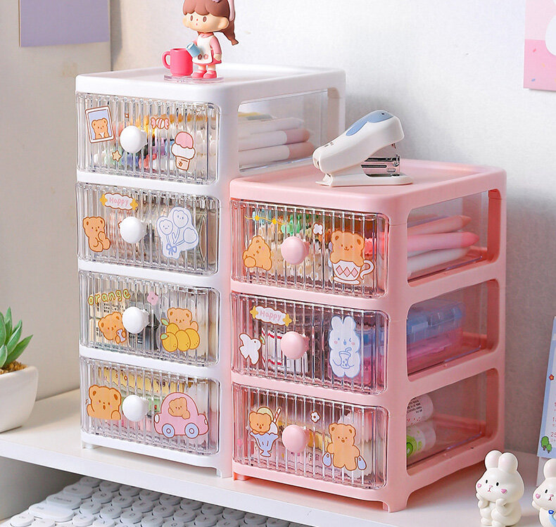 Office drawer type cartoon desktop storage box storage cabinet plastic multi-layer dormitory stationery cosmetics storage box