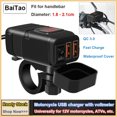 12V Motorcycle Dual USB Charger with Voltmeter Waterproof QC3.0 Fast Charger