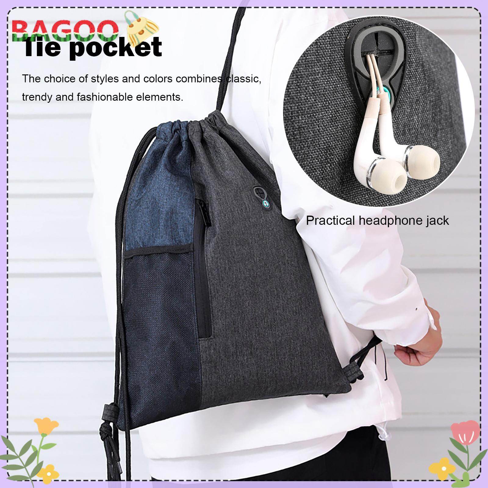 Waterproof rucksack Gym Sack Drawstring Bag Nylon Sports Travel Drawstring Bag Water Repellency Mesh Pocket with Earphones Hole Inside Zipper Pocket