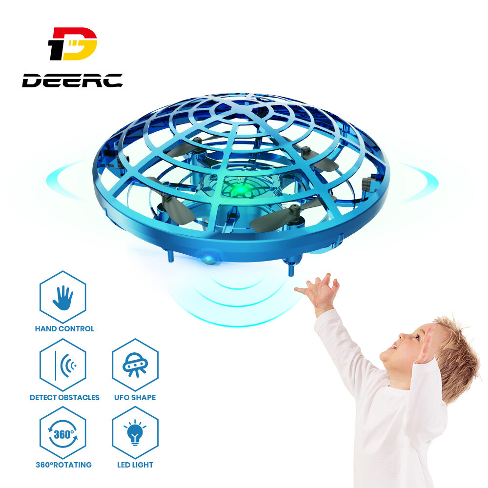 DEERC Mini 360 ° หมุนสมาร์ทการตรวจจับอัตโนมัติHoveringยูเอฟโอบินของเล่นDronesสำหรับของขวัญเด็กท่าทางมือควบคุมสี่แกนควบคุมการเหนี่ยวนำLevitationอากาศยานไฟLEDลูกบอลลอยได้ของเล่นสาว