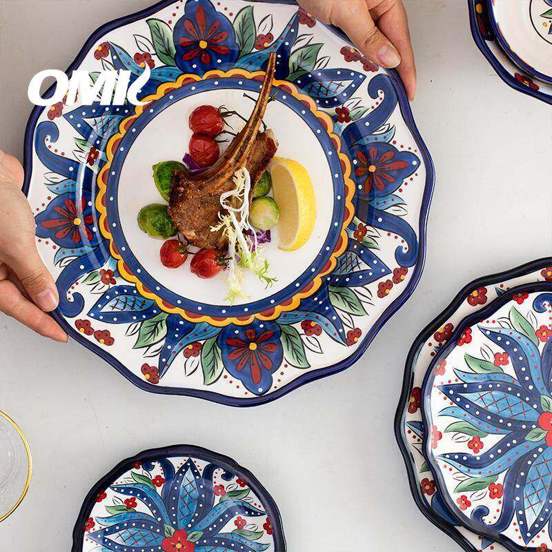 Bộ đồ ăn đĩa ăn tối gốm sơn tay phong cách bohemian omk
