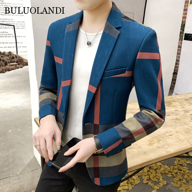 BULUOLANDI Mens Suits Blazers Spring Autumn New Fashion Plaid Splicing Slim Casual Men Suit Jackets