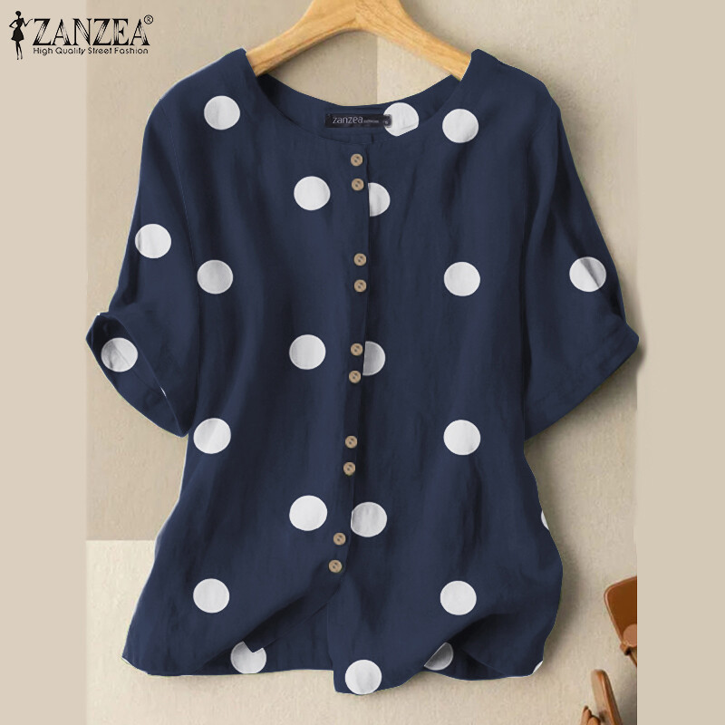 Zanzea women button up summer loose shirt short sleeve polka dots casual blouse tops #2