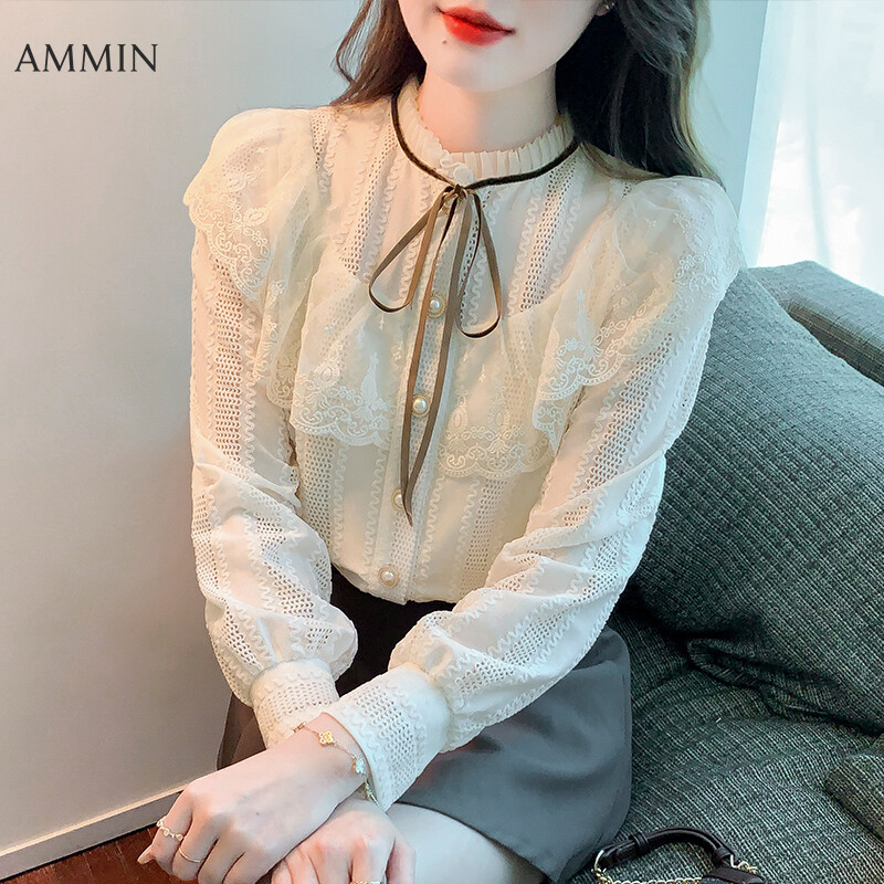 AMMIN Korean style new style pleated wood ear mesh stitching round neck with bow tie long-sleeved lace shirt women's 2022 spring and autumn sweet ruffle stitching sister blouse chic tops