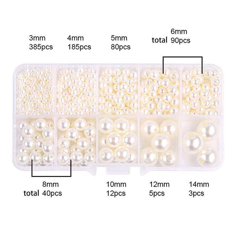 800 cái/hộp 3/4/5/6/8/10/12/14Mm ABS Giả hạt ngọc trai Thiết Lập Trắng Ngà Vòng hạt cườm Kit Cho Vòng tay tự làm trang sức Làm Vòng Cổ Phụ kiện thủ công