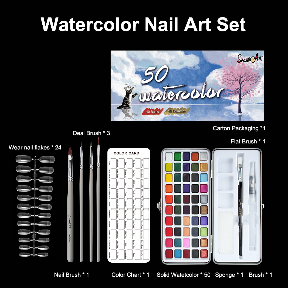 SeamiArt 50color Basic Metallic Color Solid Watercolor Nail Painting