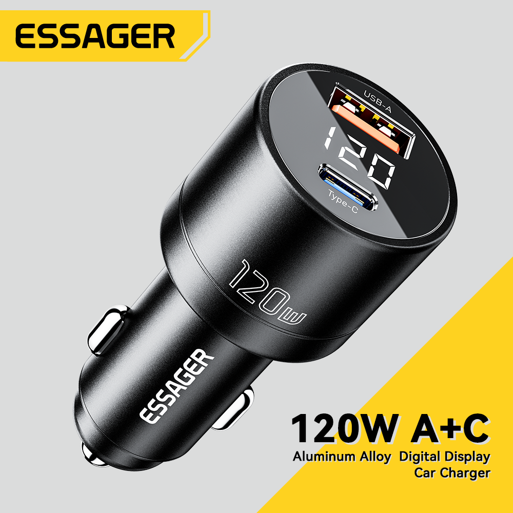 Essager 120W USB Type C A+C Car Charger PD100W QC3.0 Fast Charge Phone Car Charger For Laptop iPhone 14 13 Pro Max Samsung Xiaomi Huawei Mate 60 Pro POCO Oneplus Realme Mobile Phone