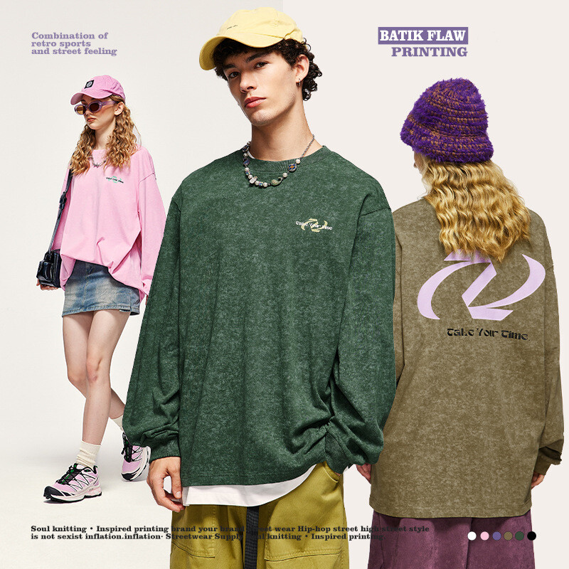 Inflation brand candy color 240g wax dyed crackle print long sleeve t-shirt 2023 autumn/winter new fashion brand vintage long t