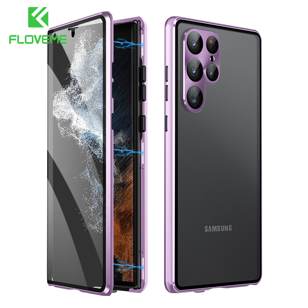Floveme metal glass phone case for samsung galaxy s24 s23 ultra s23 plus with glass screen protector camera lens protection 360° full protection back cover for samsung s24 s23