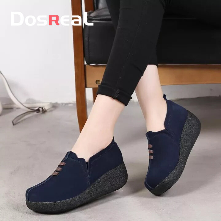 DOSREAL Flats Shoes For Women Leather Slip On Casual Shoes Breathable Korean Style Wedges Loafers Women Thick Bottom Ladies Shoes