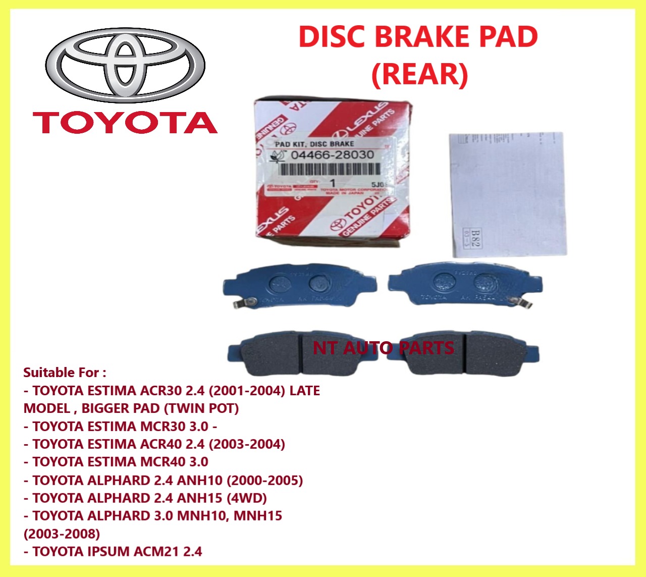 thumbnail image 2 of Rear Brake Pads & Disc Rotors Set For Toyota Estima MCR30, ACR30, ACR40 (2000-2005) 2 of 6