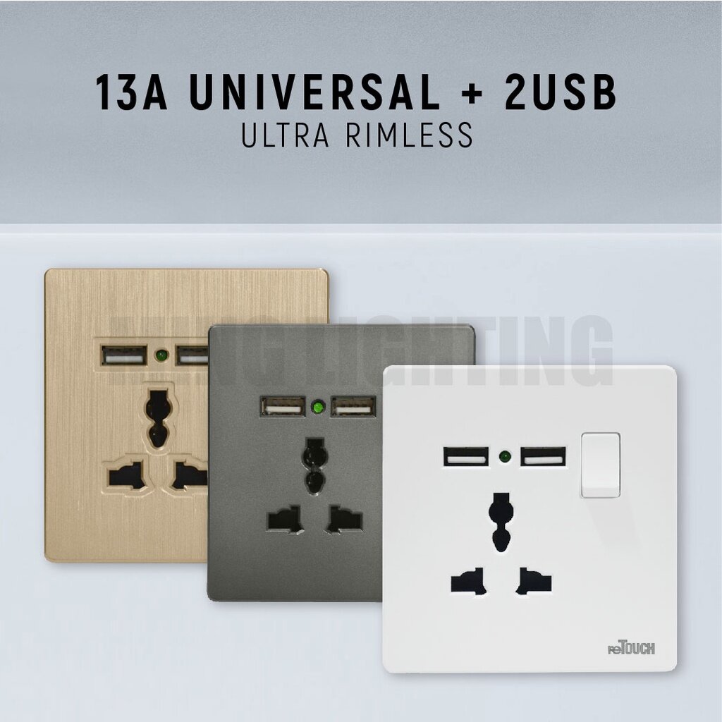 [SIRIM] Retouch Ultra Rimless Modern Socket Wall Switch Door Bell Universal 13A 15A Plug Aircon