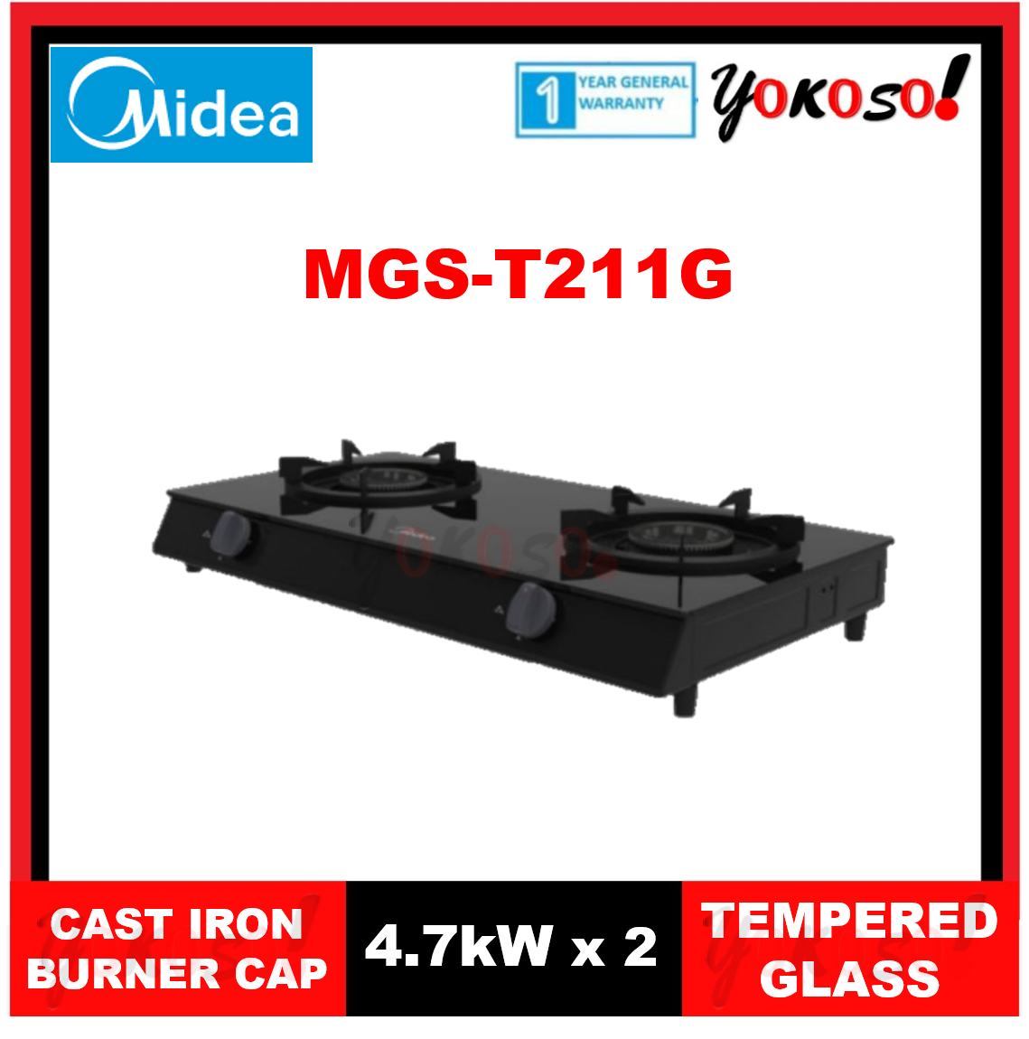 MIDEA MGST211G TABLETOP TEMPERED GLASS TOP GAS STOVE (4.7kW) Lazada