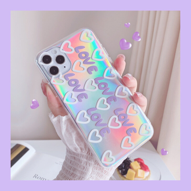 Ins Laser Purple Love Fashion Soft Casing Iphone 12mini 12/12Pro 12pro Max 11 11Pro Max SE 2020 X XS XR XsMax Case for Iphone 6 6s 6plus 7 8 7plus Back Cover