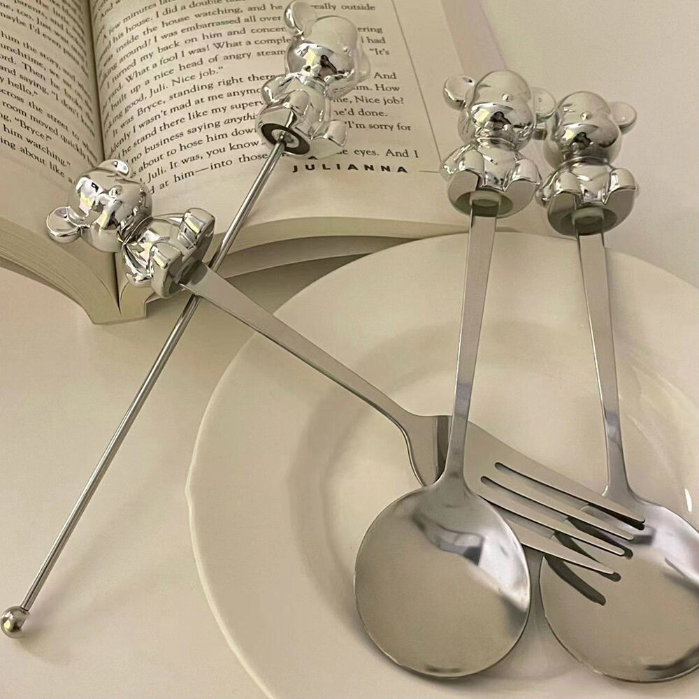 【Ready Stock】Cartoon Bear Fork Spoon Set Stainless Steel Fruit Fork Watermelon Spoon Tableware