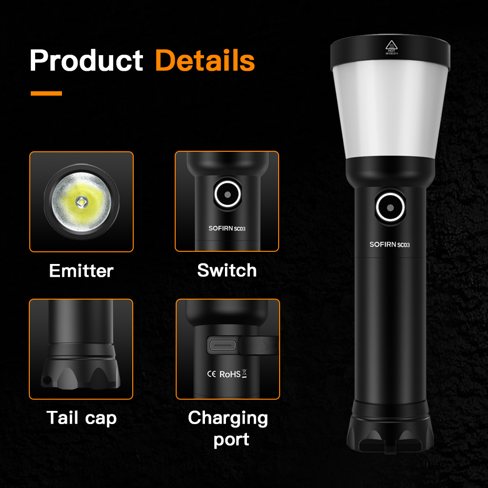 Sofirn SC03 Camping Light 2-in-1 2000LM Powerful Flashlight USB C Rechargeable 21700 Lantern Outdoor Torch with Combo Side Light