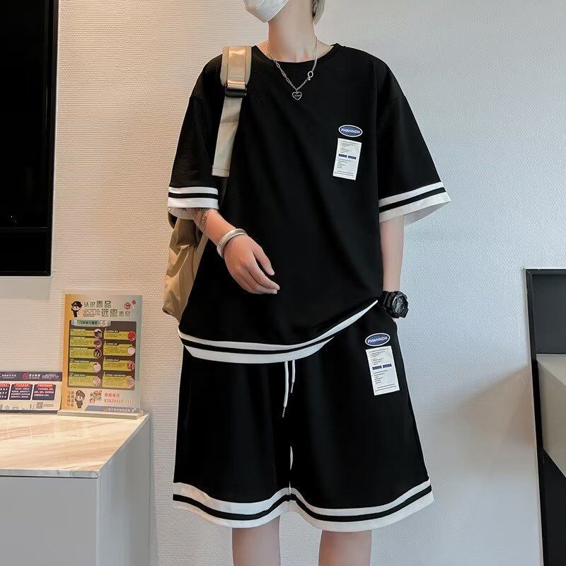 Lansboter Men's short sleeve T-shirt crewneck sports suit new casual men's handsome with a set of clothes