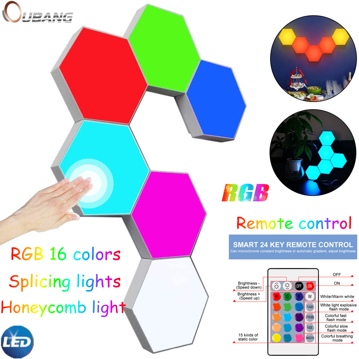 RGB Honeycomb Remote Control Combination Splicing Light 16-color ...