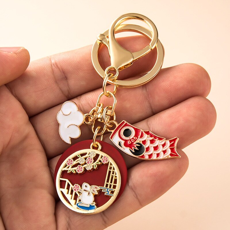 Metal Keychain with Cute Bunny and Flower Pattern