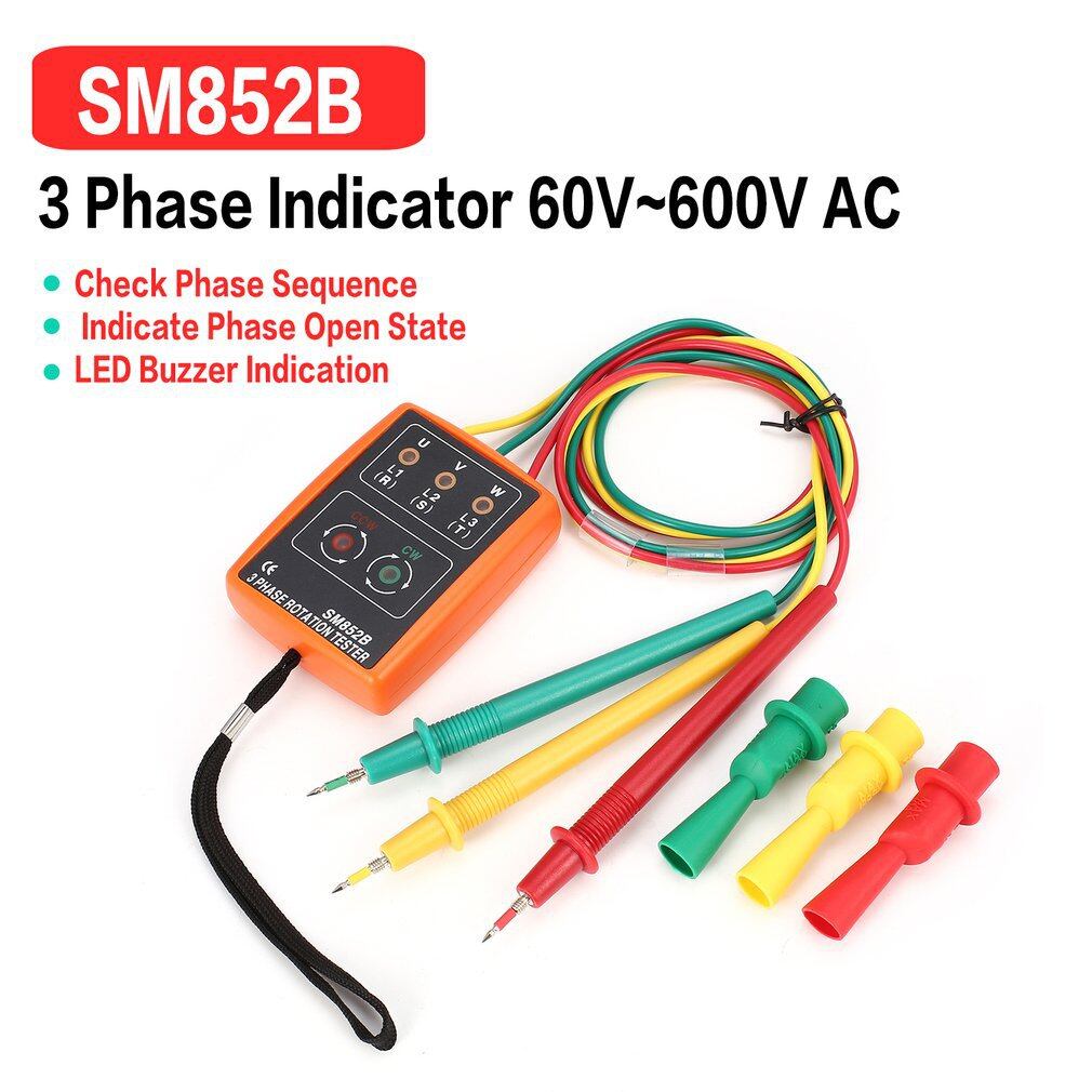 Obbb sm852b 3 phase rotation tester 60v-600v ac digital phase indicator detector led buzzer phase sequence meter voltage tester