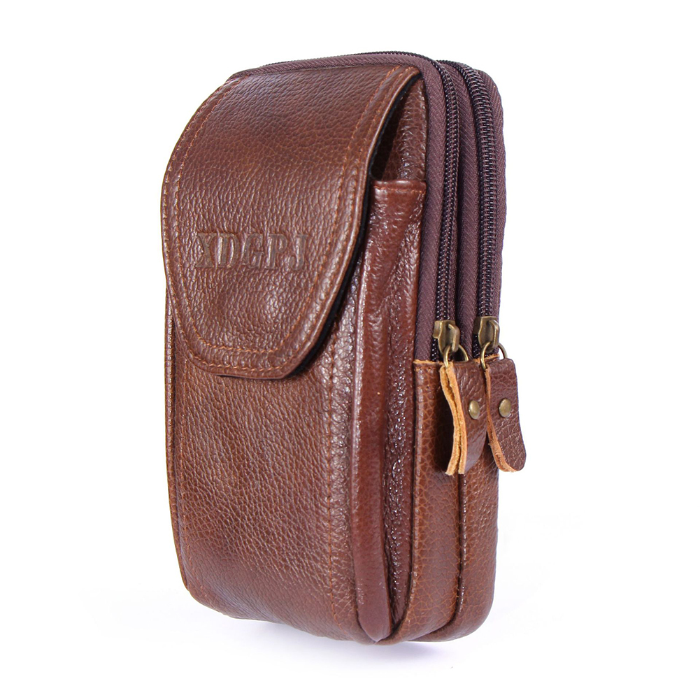 MOJOYCE Men Cowhide Leather Phone Belt Bags Solid Color Three-layer Fanny Pack