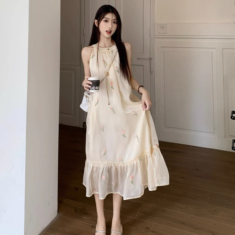 NICK Vacation Elegant Halter Neck Dress Female New Retro Loose Floral Temperament Medium Length Skirt