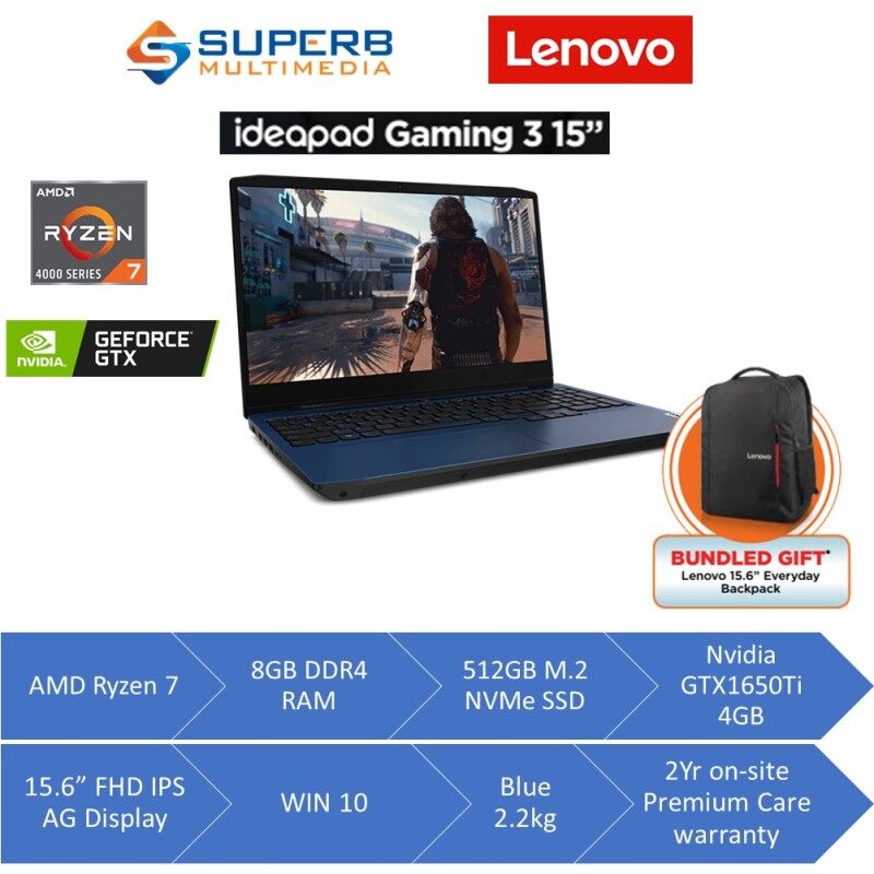 Lenovo Ideapad Gaming 82EY00BPMJ Laptop (AMD Ryzen 7 4800H, 8GB DDR4 3200 RAM, 512GB NVMe SSD, Nvidia GTX1650Ti 4GB DDR6, 15.6 Inch FHD IPS AG 120Hz, Win10, Blue) Malaysia