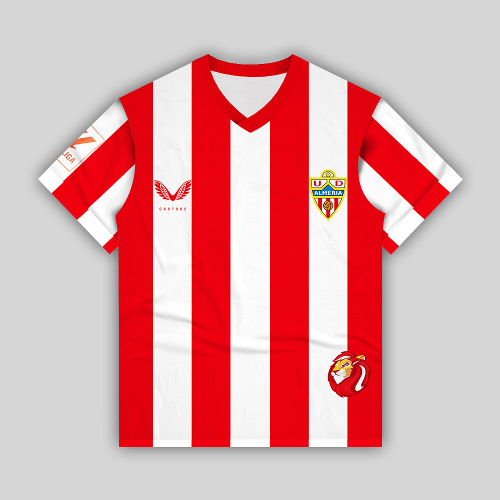 3D printing UD Almería 23-24 Home Kit Released - Footy Headlines Football Apparel Red Stripe T-shirt V-Neck Top