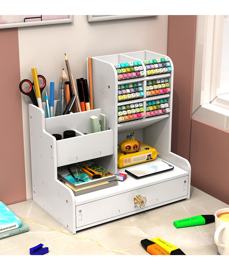 Desktop DIY pen holder storage box multi-functional office supplies stationery box large-capacity student wood plastic storage pen holder