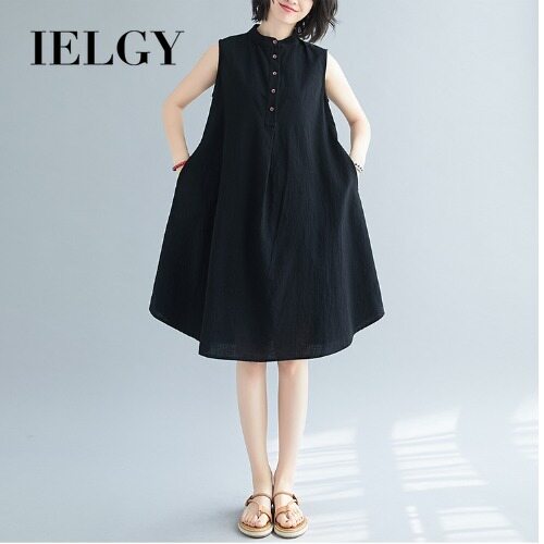 IELGY solid color buttoned pullover sleeveless ladies dress loose mid-length A-line stand-up collar cotton vest dress