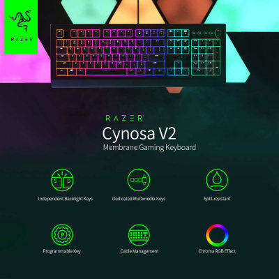 Razer Cynosa V2คีย์บอร์ดเล่นเกมแบบมีสายเมมเบรนคีย์บอร์ด Chroma แสง RGB/คีย์ Backlit/รั่วไหล/โปรแกรมแบบสมบูรณ์/ปุ่มมัลติมีเดียสำหรับ Windows/Mac