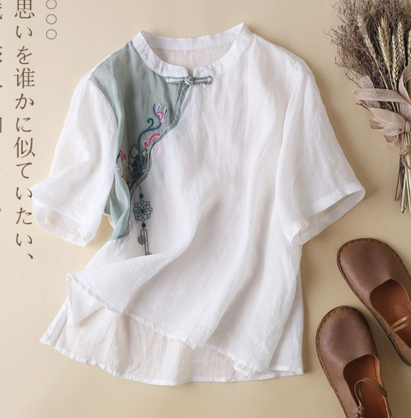CottonDesign Summer New Arts Style Women Short Sleeve Vintage Single Button Button Flower Embroidery Cotton Linen Shirt Female Tops Oversized 3BT0422