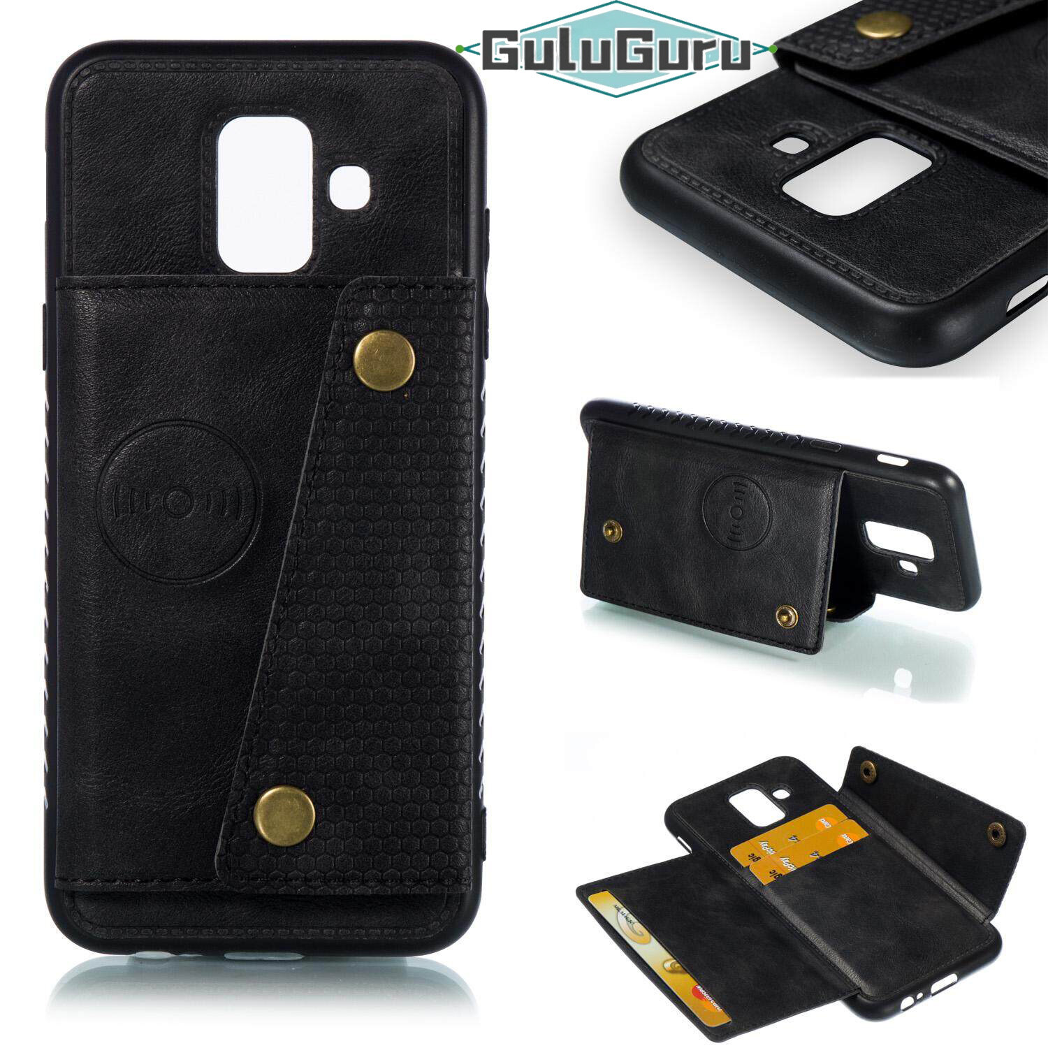 for Samsung A6+ A6Plus 2018 Leather Case Multiple Folio Flip Cover Wallet Back Case Shell, can work with Car Mount, Hidden ID Credit Card Slot Holder, Retro Metal Button Clasp, Stand Support