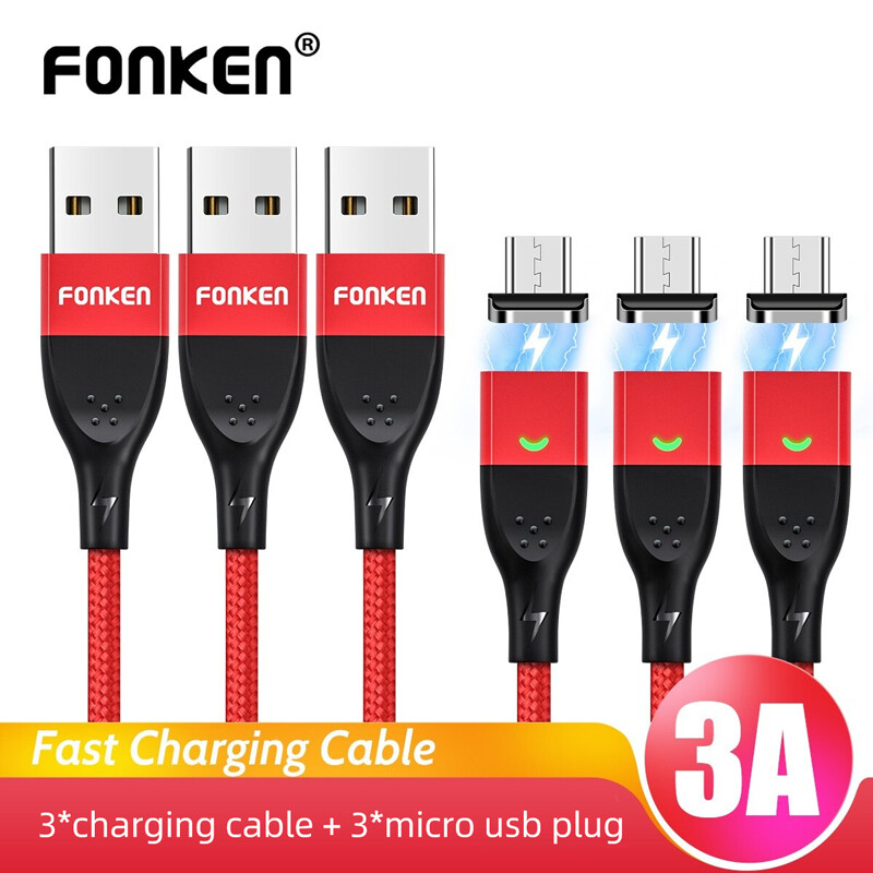 Fonken 1m 3packs micro usb cable qc 3.0 fast charging max 3a quick charger sync data transfer led magnetic charger cable for android device