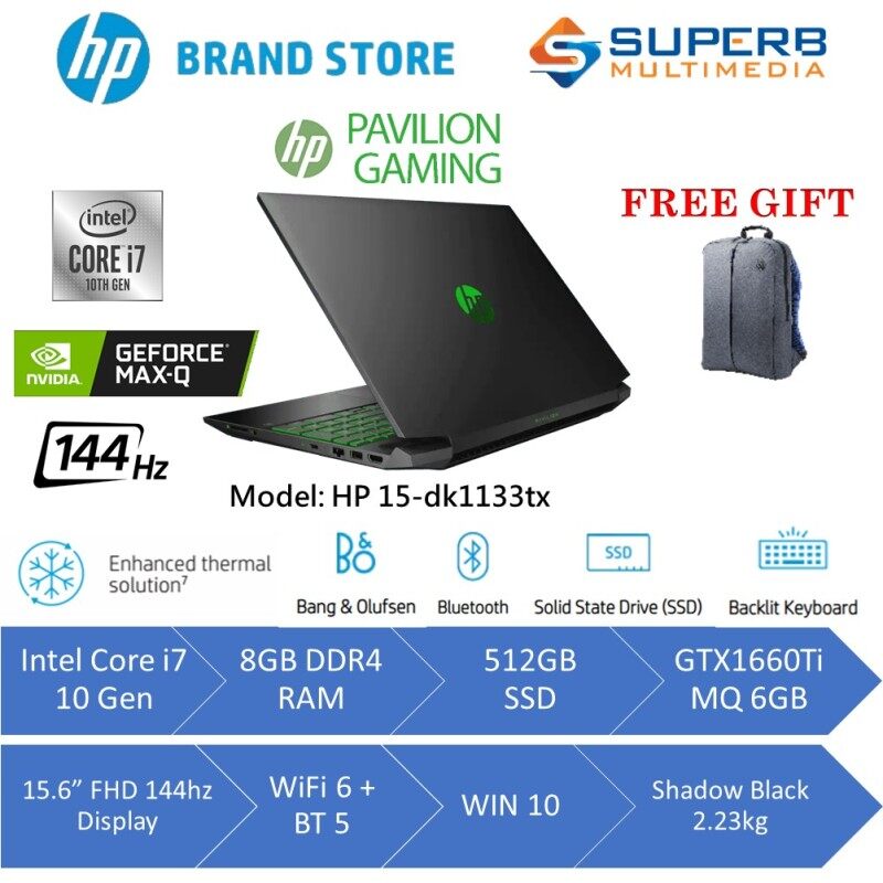 HP Pavilion Gaming Laptop 15-dk1133TX (Intel Core i7, 8gb ram, 512gb ssd, GTX1660Ti MaxQ 6GB, 15.6 FHD IPS 144hz, Win10, Black) Malaysia
