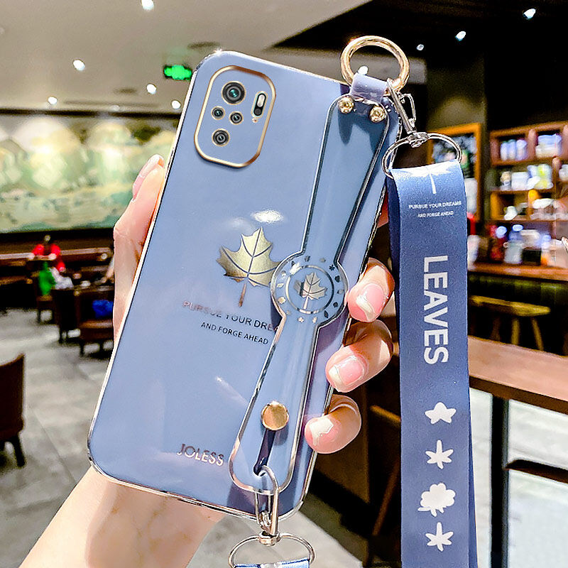 Ybd dây đeo cổ tay chủ vỏ điện thoại cho Xiaomi Redmi Note 9S 10 Lite Note 9 Pro Max mạ vỏ Lưu ý 9 Pro chính xác máy ảnh bảo vệ trường hợp Maple hoa văn hình lá bìa với dây đeo miễn phí