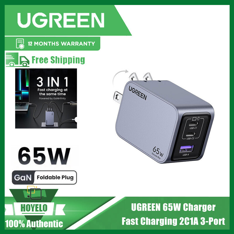 Ugreen 65w usb c charger 3-port mini foldable fast wall charger power adapter