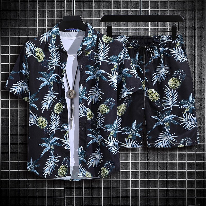 Men's Short Sleeve Shirt Set Polo Shirt Shorts Men's Floral Beach Shirt Thin Short Sleeve Shirt Shorts Suit