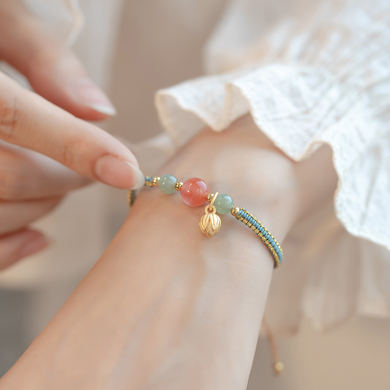 Good Luck Lotus Not Allergic Natural Hetian Jade Bead Handmade Rope Bracelet for Women