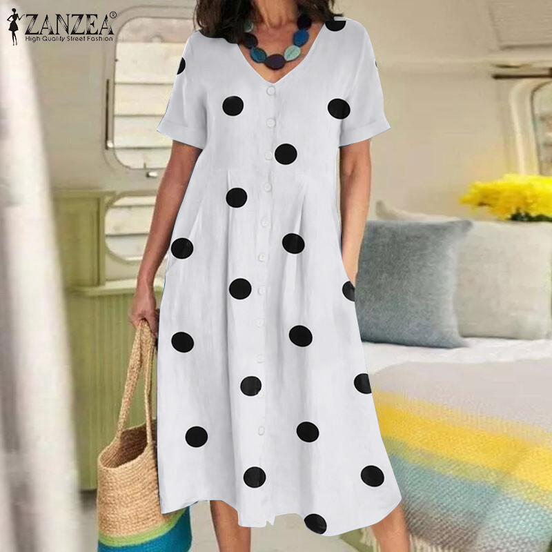 Momonaco zanzea womens polka dots mini dress casual short sleeve button up short dress #15