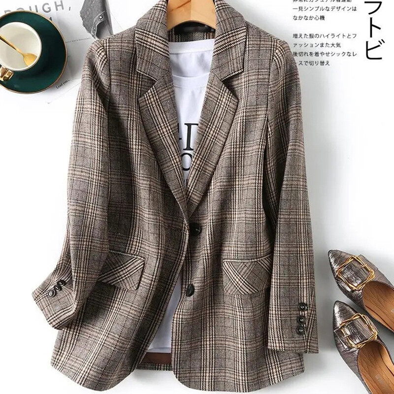 New Vintage Single Breasted Office Ladies Plaid Blazer Long Sleeve Loose Plaid Coat Jacket Women Blazers Female